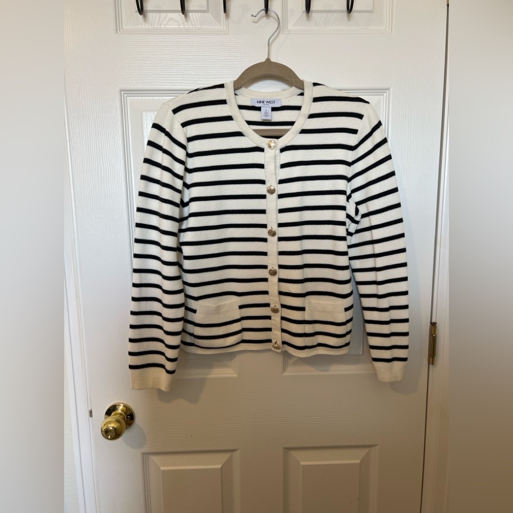 Nine West Striped Cardigan Sweater Gold Button Front Women’s Small